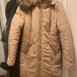 Women's Tan Quilted Coat with Faux Fur Hood